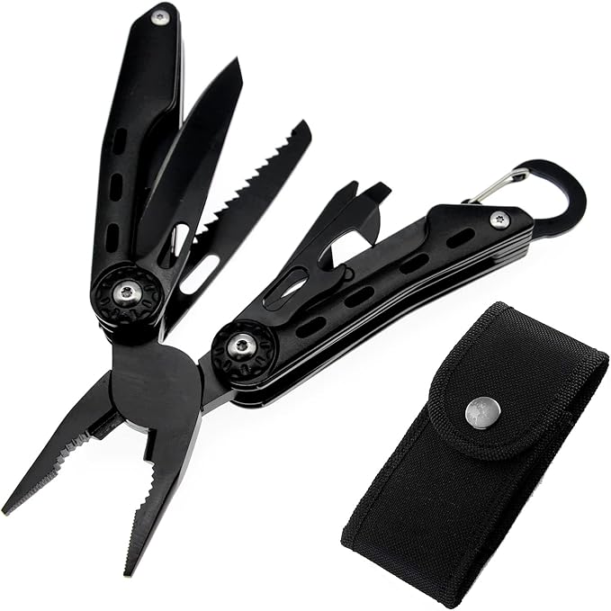 Multitool with Sheat, with Nylon Pouch, Fishing Multitool, Multi-tool Knife, Pocket Multitool Ideal for Gift, Black, Outdoor Camping Hiking, With Carabiner,Giftable