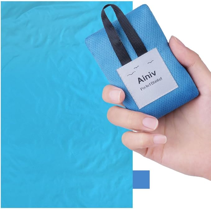 Ainiv Picnic Blanket, Mini Pocket Beach Mat 27.5 x 43.3IN (1-2 People) Foldable, Lightweight Waterproof Sand Free, Foldable Thin Ground Sheet for Outdoor Camping Hiking Travel - with Hand Strap