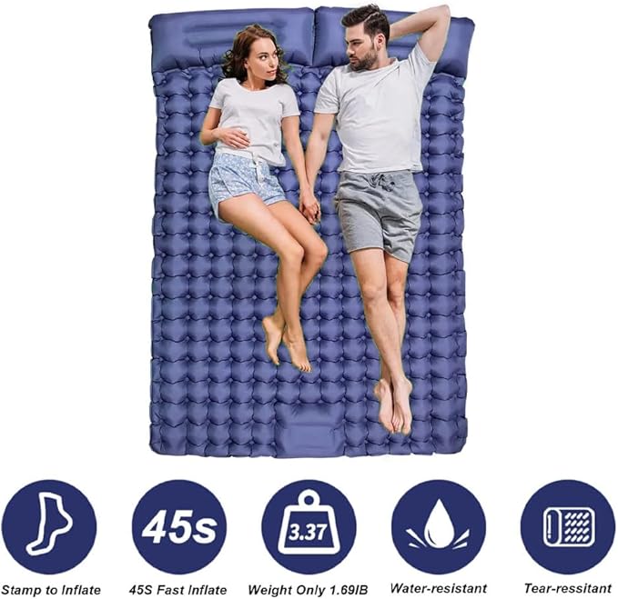 Double Sleeping Pad, Self-Inflating Sleeping Pad for Camping, Camping Sleeping Pad with Built-in Pump, 4" Extra Thickness Inflatable Sleeping Mat, Twin Air Mattress for Traveling (Blue)