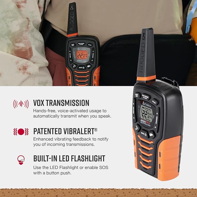 Cobra ACXT645 Waterproof Walkie Talkies for Adults - Rechargeable, 22 Channels, Long Range 35-Mile Two-Way Radio Set (Pack of 2)), Black and Orange, 1.74 x 2.54 x 6.74 inches