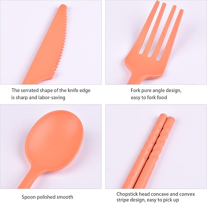 Camping Utensil Set, Reusable Utensils Set with Case, Plastic Cutlery Set Forks Spoon Tableware Chopsticks, Portable Cutlery Set for Travel Picnic Camping or Daily Use (Orange)