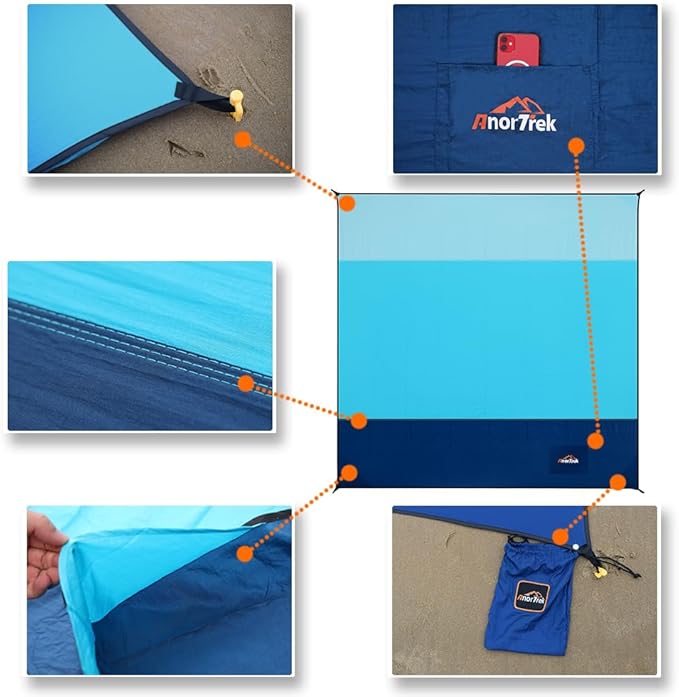 Beach Blanket Sandproof, Extra Large Beach Mat, Sand Free Mat Quick Drying, Lightweight, Soft & Durable Mat for Beach, Yard (Sky Blue & Blue & Dark Blue, 6.6 x 6.6 FT (1~4 Person))