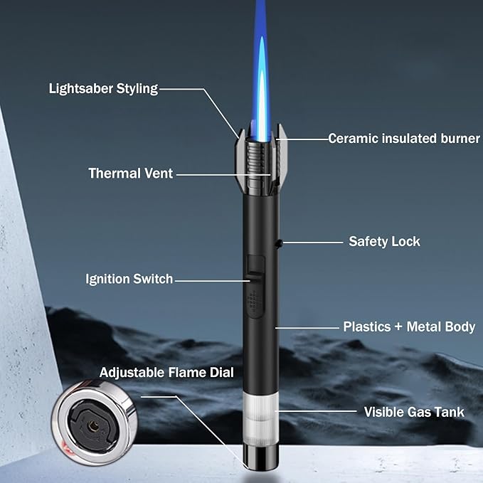 Lightsaber Lighter, Mivikee Bright Fire Lighter, Butane Torch Lighter with Safety Lock and Visible Gas Tank, Refillable Windproof Lighter for Kitchen Cooking Outdoor Camping (Gas Not Included)