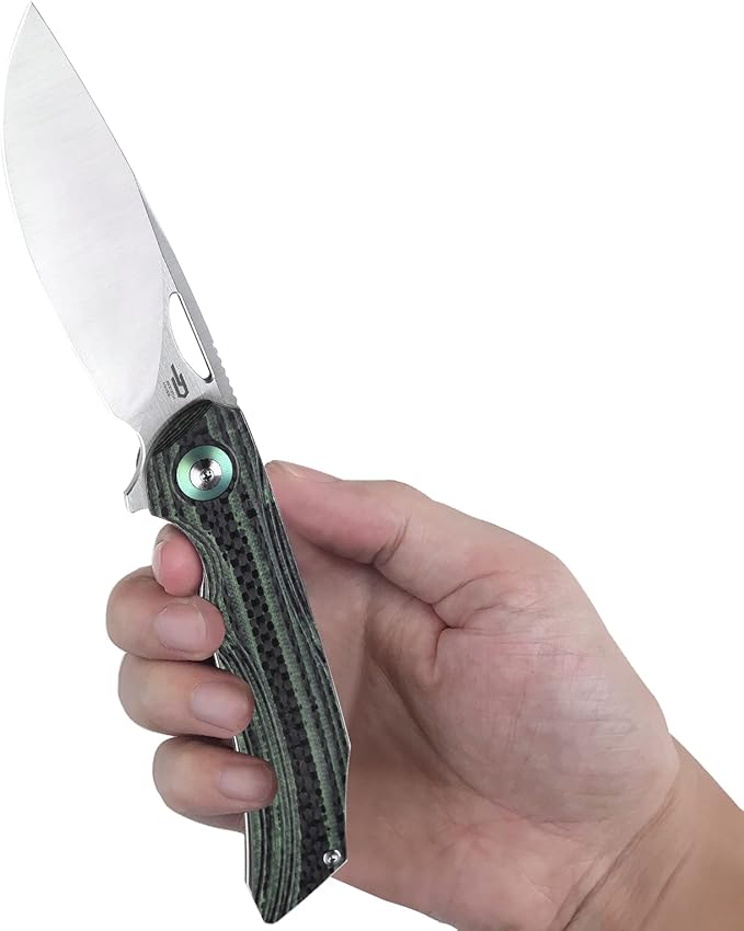 BESTECH KNIVES Pocket Folder Folding Knife: 3.54" 154CM Steel Satin Blade, Carbon Fiber and G10 Scales, Flipper, Liner Lock, EDC Titanium Clip, BL01C (Black Green)