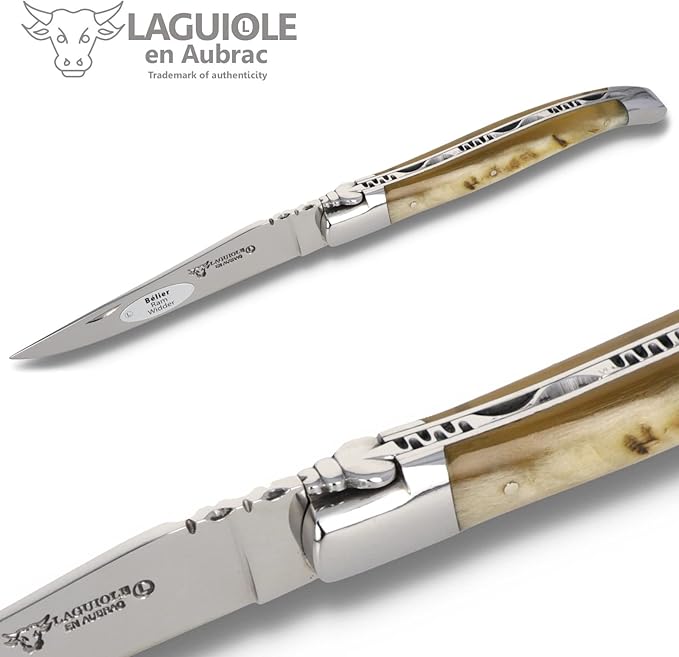Laguiole en Aubrac Handmade Knife 12 cm L0212BEIF ram's Horn Handle, Blade and bolsters Stainless Steel Shiny