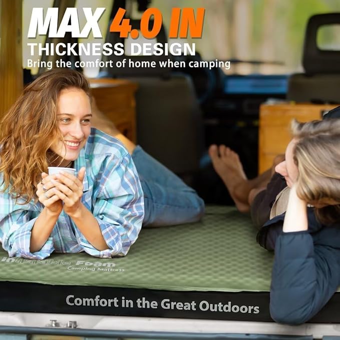 Self Inflating Double Sleeping Pad, 4in Ultra-Thick Foam Camping Mattress 2 Person with Air Pump Sack,Camping Floor Bed for Adults Inflatable Sleeping Mat Camping Essentials for Travel, Army Green