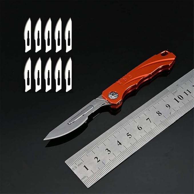 Mini EDC Pocket Knife,Aluminium Alloy Handle Carbon Steel Blade Folding Knife with 10 Extra Replaceable Blades,Portable Lightweight and Compact (Orange)