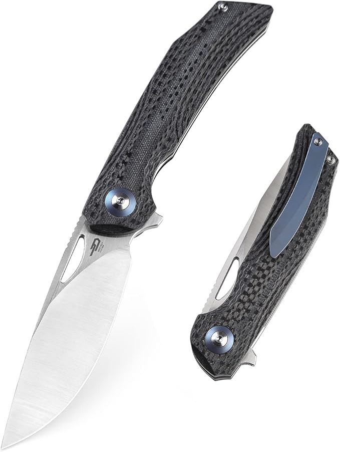 BESTECH KNIVES Pocket Folder Folding Knife: 3.54" 154CM Steel Satin Blade, Carbon Fiber and G10 Scales, Flipper, Liner Lock, EDC Titanium Clip, BL01A (Black Desert)
