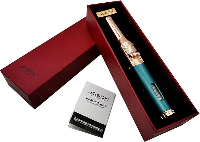 JOBON Torch Lighter, Adjustable Rotatable Lockable Jet Flame Refillable Long Pen Lighter with Gas Window for Candle Grill Baking Camping (Butane Not Included) (Dark Green)