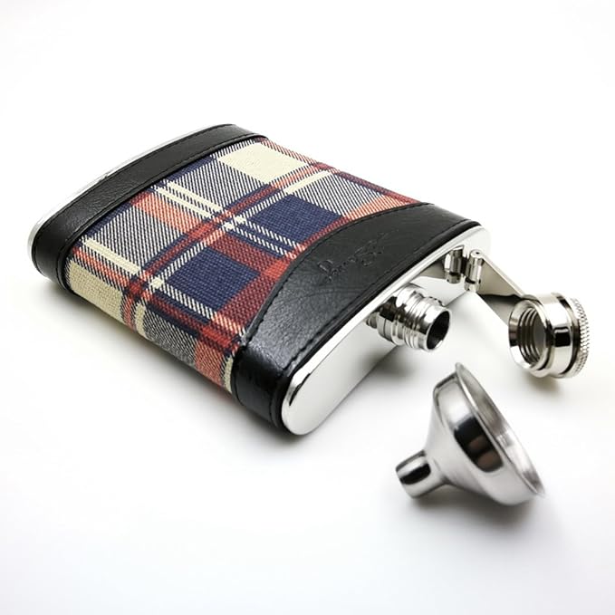 6oz Red Check and Black Leather Wrapped Hip Flask with a Funnel 18/8 Stainless Steel-YM113
