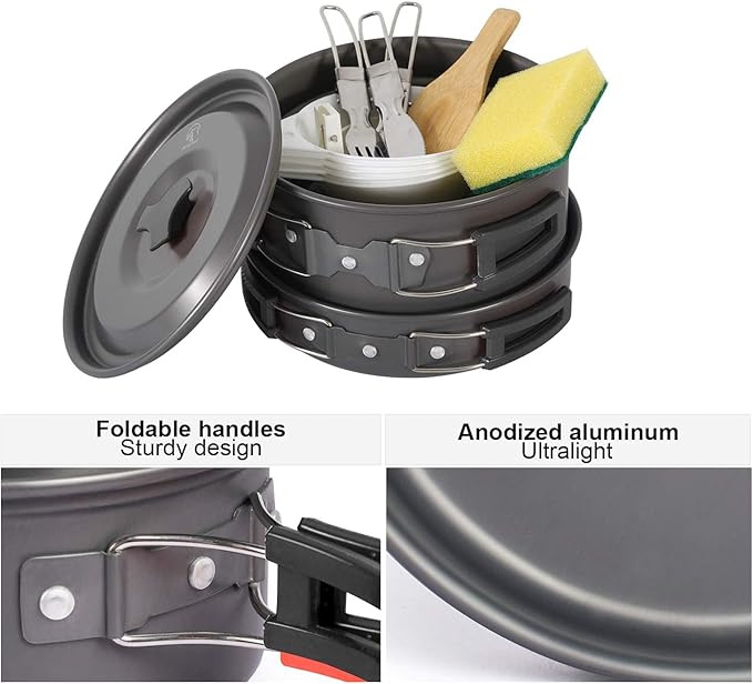 REDCAMP 11/12/17/22 PCS Camping Cookware Mess Kit, 800ml (28oz) Backpacking Camping Pot+Pan Set, Lightweight and Compact Cookware for Hiking, Picnic and Camping
