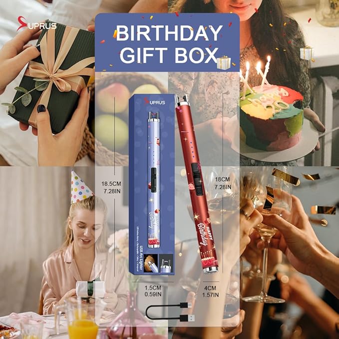 SUPRUS Candle Lighter Arc USB Lighter Electric Lighter with Upgraded LED Battery Display Safety Switch Rechargeable Flameless Plasma Windproof Portable for Birthday (Birthday Red)
