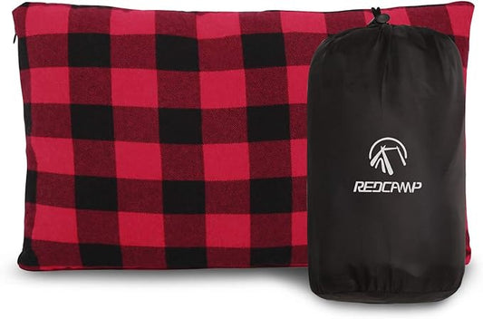 REDCAMP Small Camping Pillow Lightweight and Compressible, 1PC Flannel Travel Pillow with Removable Pillow Cover (Red and Black Plaid)