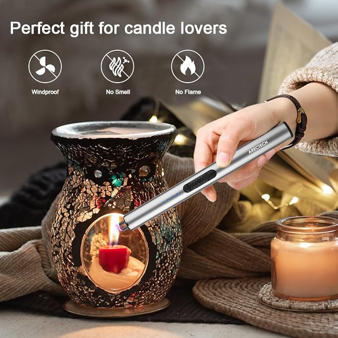 ARECTECH Electric Candle Lighter Rechargeable Lighter Arc Plasma Lighters for Candle Kitchen Camping Christmas Type-C Silver
