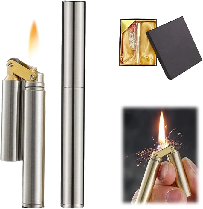 Kerosene Copper Lighter, Vintage Trench Lighter, Creative Windproof Brass Lighter Cool Wheel Kerosene Oil Lighter for Camping BBQ Kitchen, Gifts for Men Dad Husband (Silver)