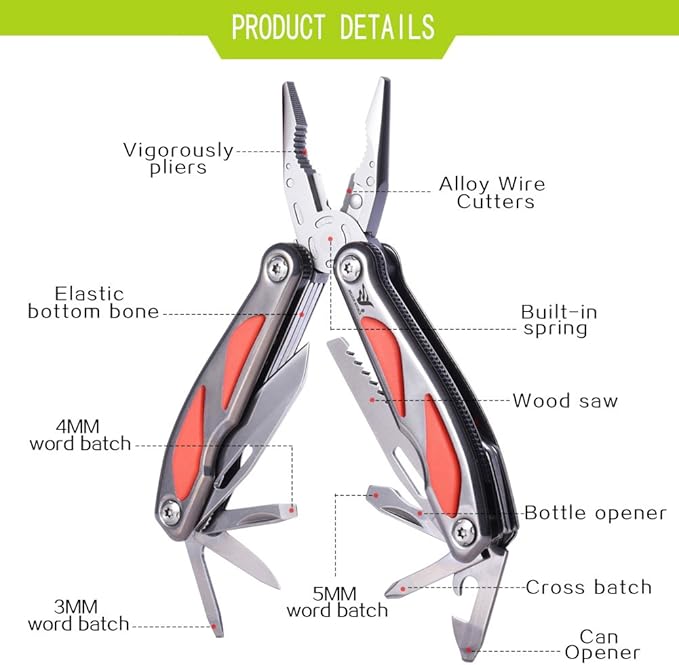 Fine Blanking Folding Stainless Steel Pliers Outdoor Multifunction Multitools Pliers Bottom Bone Elastic Forceps Clamp with Nylon Sheath and Gift Box for Camping/Home/Hiking Red