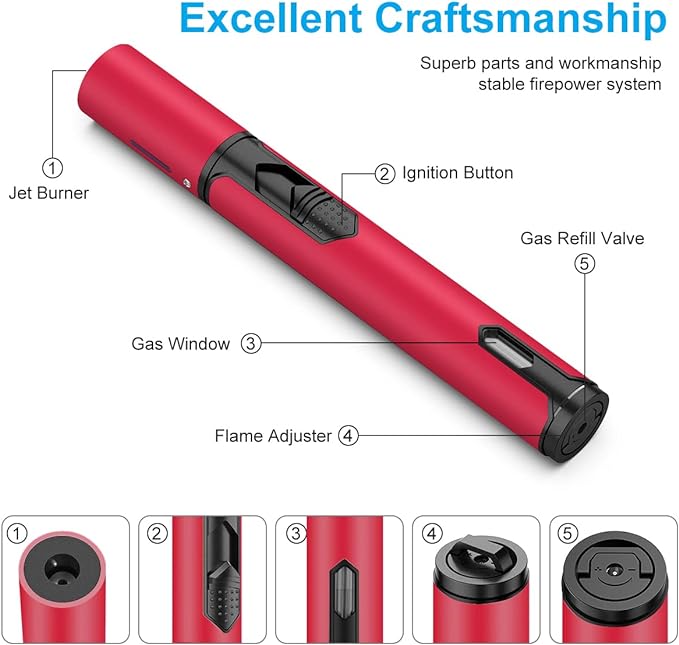 Torch Lighters, 4 Pack, Butane Lighters, Adjustable Flame Windproof Butane Refillable Gas, Long Lighters for Candle, Grill, BBQ, Fireworks, Camping (Butane Not Included)