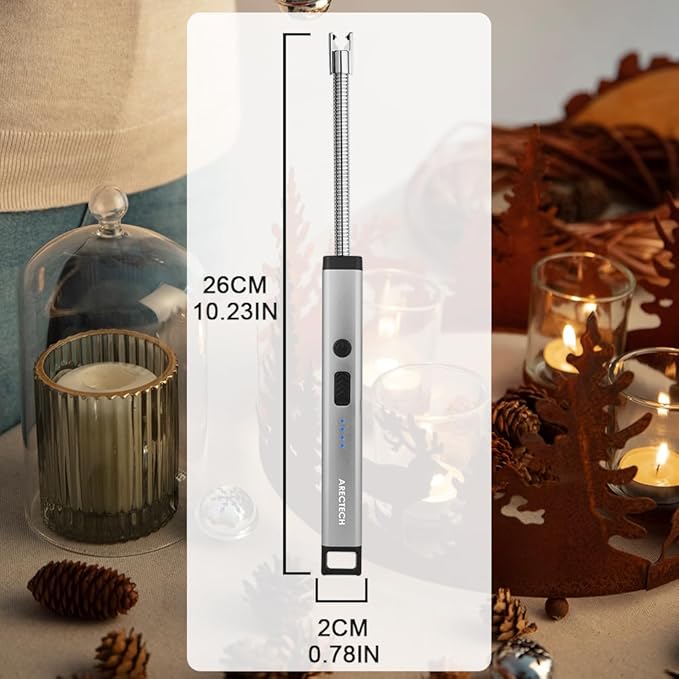 ARECTECH Lighter Candle Lighter Electric Lighter Rechargeable USB Arc Lighters for Candle Camping Fireworks Christmas Birthday Gifts with LED Light for Men Women Silver