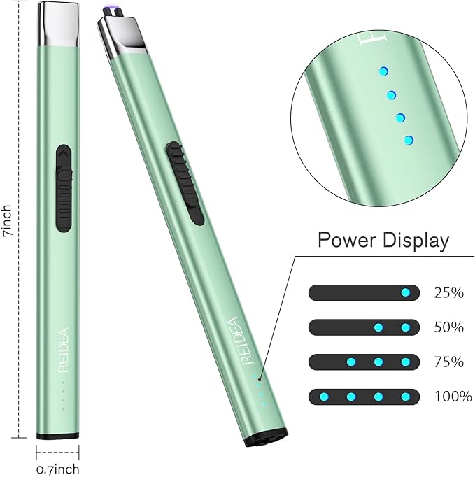 REIDEA Lighters 2 Pack R1 Flat Electronic Candle Lighter, Windproof Flameless USB Rechargeable Arc Lighter with Safe Button and Power Indicator for Candle, BBQ and Fireworks, Mint Green