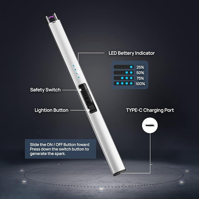 Lighter Candle Lighter, Electric Lighter USB Rechargeable Lighters Have Triple Safety and LED Battery Display, Windproof Flameless Plasma Arc Lighter for Candle Camping Kitchen Grill (Silver)