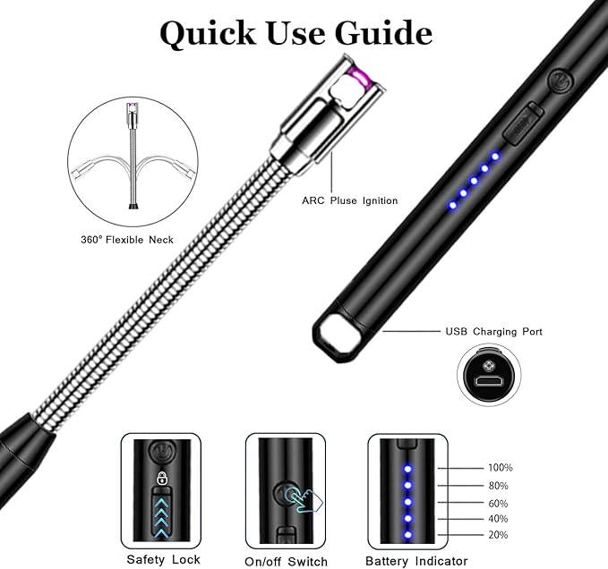 Candle Lighter Electric Lighter Rechargeable Arc Lighter with LED Battery Display360° Flexible Neck Flameless Grill Long Lighters for Light Candles Gas Stoves Camping Barbecue.(Black)