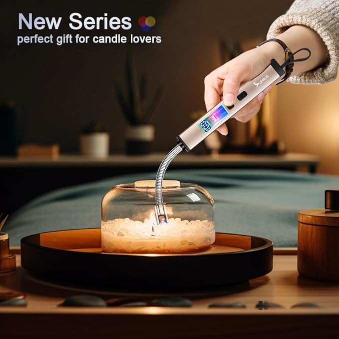 SUPRUS Electric Candle Lighter USB-C Rechargeable with Digital Battery Display Ambient Lighting Safety Switch 360° Flexible Neck Flameless Plasma Windproof Perfect for Candle BBQ Camping (Gold)