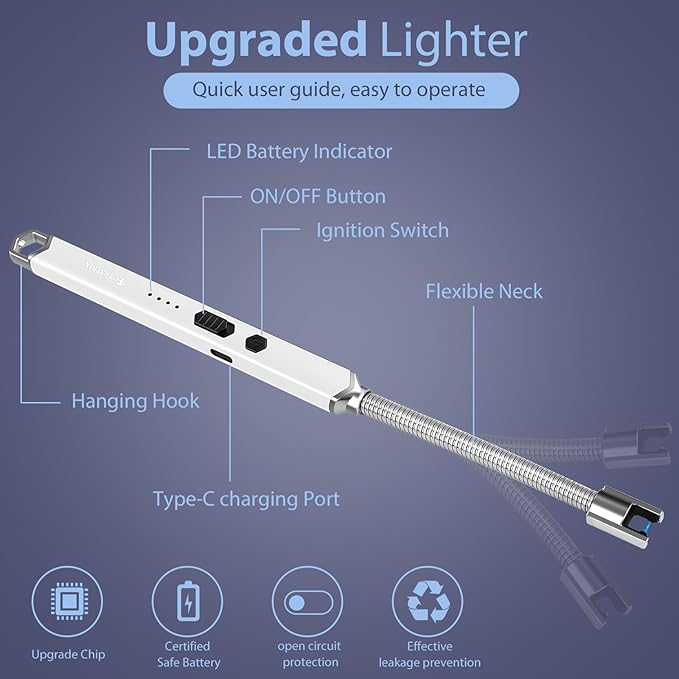 Electronic Candle Lighter Arc Windproof Flameless USB Rechargeable Electric Lighter (1 Pack - White)