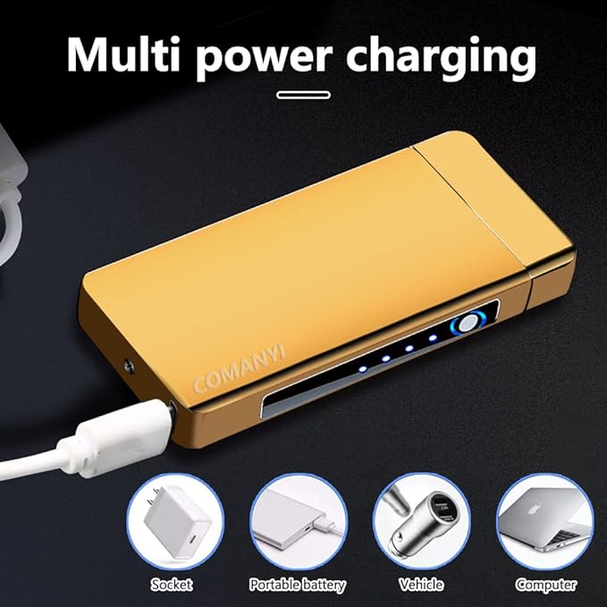 Electric Candle Lighter USB Rechargeable Lighter Plasma Arc Lighter High Power Unique Cool Lighter with Metal Ice Touch, Big Flame Grill Lighter for Outdoor Grill, BBQ, Cooking (Gold)