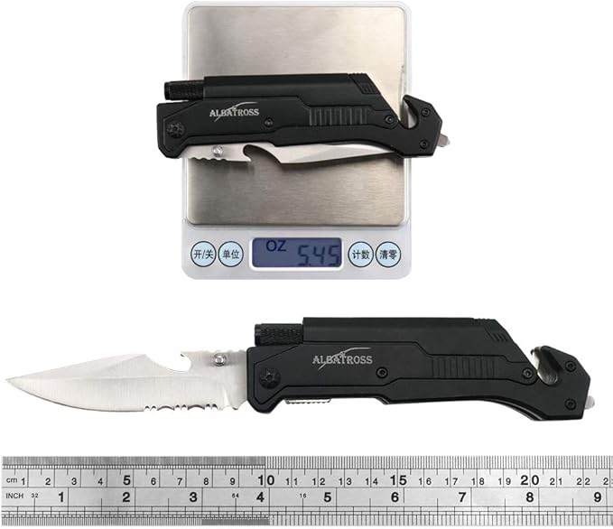 ALBATROSS Best 6-in-1 Survival Tactical Military Folding Pocket Knives with LED Light,Seatbelt Cutter,Glass Breaker,Magnesium Fire Starter,Bottle Opener;Multi-Function Emergency Tool(Black-2)