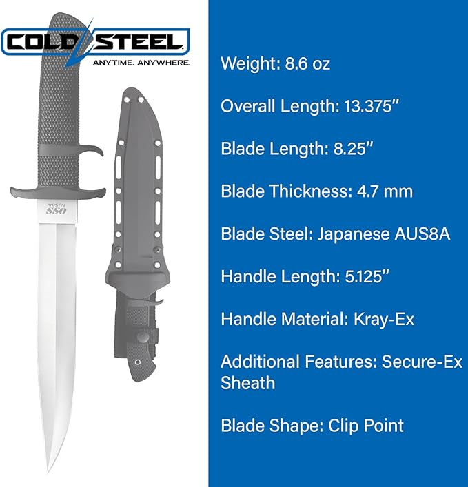 COLD STEEL OSS 8.25" Japanese AUS8A Clip Point Blade 5.125" Kray-Ex Handle Tactical Outdoor Hunting Fixed Blade Knife w/Secure-Ex Sheath