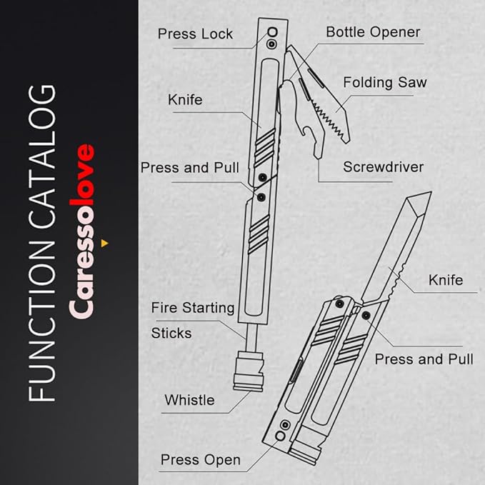 Multitool Knife, Gifts for Men, 7 in 1 Camping Gear - Pocket Knife, Fire Starting Sticks, Bottle Opener, Screwdrivers, Saw, Whistle, Pocket Clip, Survival Camping EDC Tools