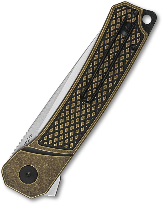 QSP Knife Osprey Folding Knife, 3.25in 14C28N Blade with Different Handle Variants, Reversible Tip Up Clip for Everyday Carry (Satin blade, brass handle)