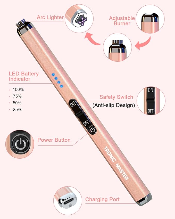 Electric Candle Lighter Rechargeable Lighters - Dual Arc Plasma Lighter Windproof & Flameless with Double Safety Switch(Rose Gold)