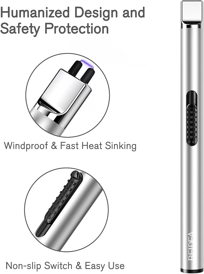 REIDEA Candle Lighter, Electric Arc Lighter with Safe Protector Button, USB Rechargeable Lighter Perfect for Camping Cooking BBQ Fireworks (Silver)
