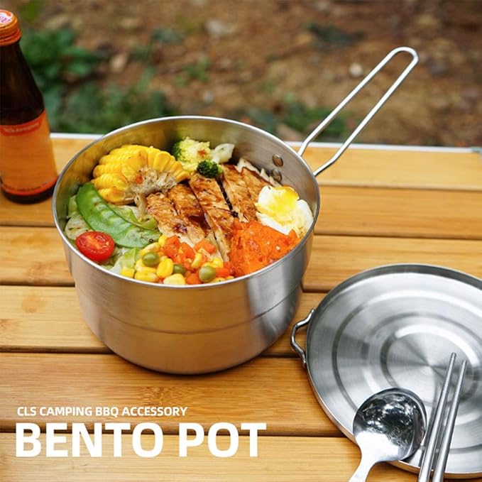 Stainless Steel Camping Cook Pot with Lid and Folding Handle Camping Cookware 1.5L Large Capacity Bento Pot for Camping, Hiking, Picnic