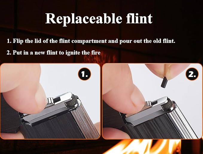 Open Flame Lighter, Classic Retro Lighter, Adjustable Open Fire Butane Flame Lighter, Slide Sliding Wheel Ignition Lighter for Kitchen, Indoor, Outdoor, Grill, Men's Gifts (Black Silver)