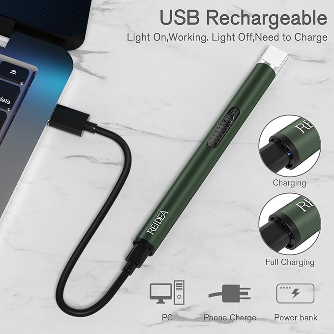 REIDEA Lighter S4 Electric Candle Lighter USB Rechargeable with Safety Switch, Flameless Portable Fast Heat Windproof Plasma Lighters, Perfect for Home Cooking BBQ Camping Fireworks, Pine Green