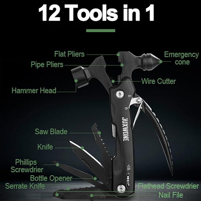 Pocket Knife Multitool, 12-in-1 Outdoor Survival Gear, Folding Knife, Unique Gift, Camping Multi-tool, Emergency Breaker, Hammer, Screwdriver, Pliers, Saw, with dual safety locks, with Nylon Sheath