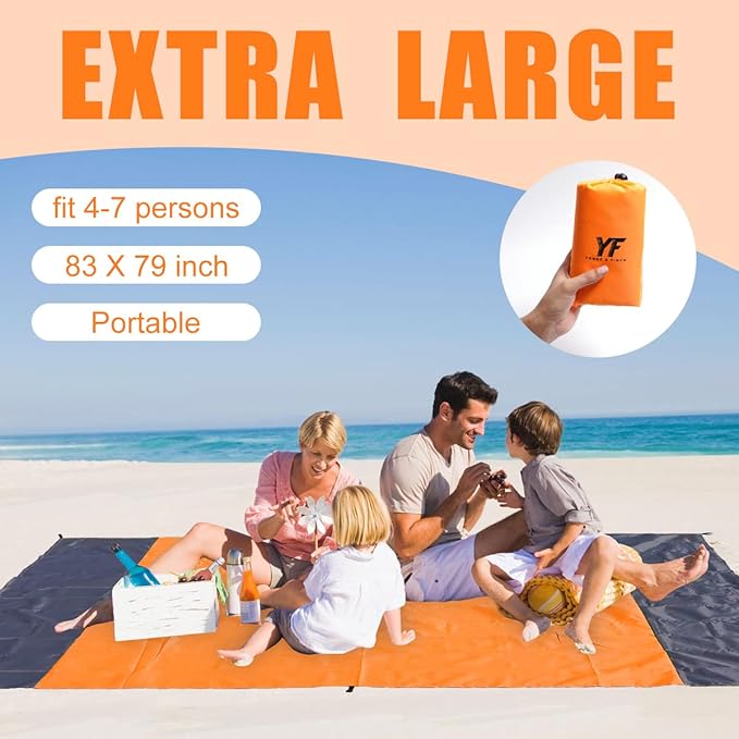 Yonge & Finch Large Beach Blanket Sandproof Heat-Resistent Beach Mat Machine Washable Camp Blanket Packable Pocket Blanket Waterproof Outdoor Blanket Fit 4-7 Persons 83 * 79inch Orange