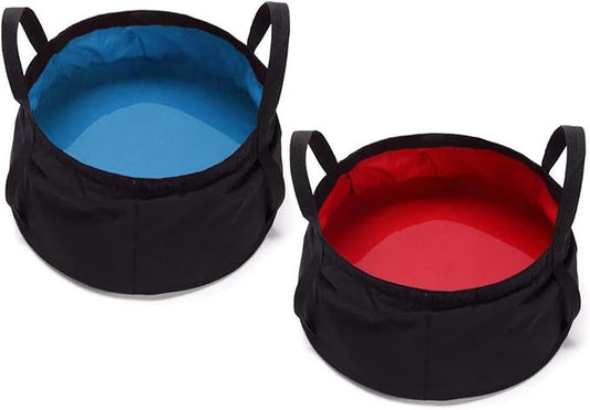 2 Pack Collapsible Bucket with Handle 2 Gallon Portable Camping Wash Basin Folding Water Container for Fishing Beach (Red+Blue)