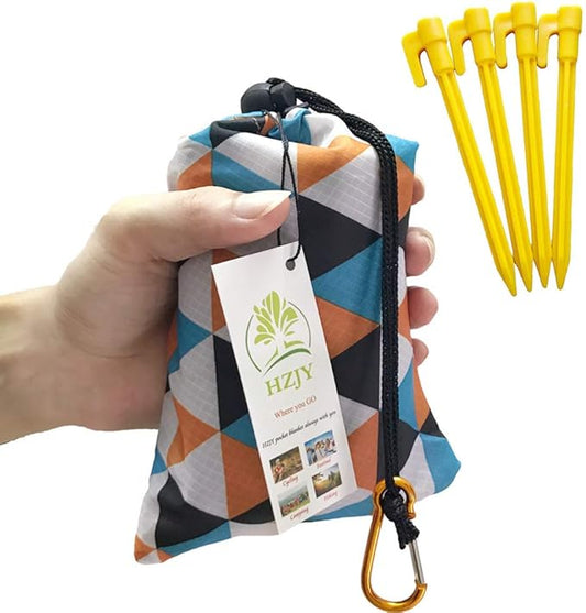 Outdoor Blanket (71" x 55") -Compact, Lightweight, Sand Proof Pocket Blanket Best Mat for The Beach, Hiking, Travel, Camping, Festivals with Pockets, Loops, Stakes, Carabiner