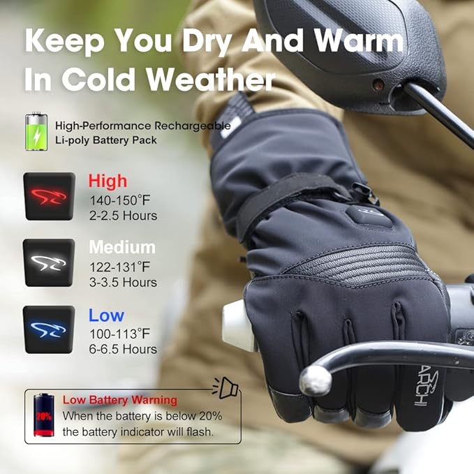Heated Ski Gloves for Men Women Rechargeable Electric Winter Gloves with Touch Screen Windproof Thermal Gloves for Cycling Skiing Driving Climbing Hiking Camping Running Freezer Work Cold Hands