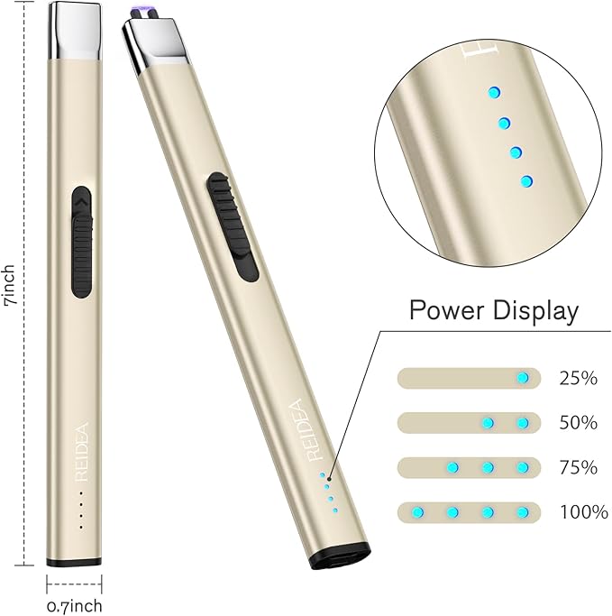 REIDEA Lighters 2 Pack R1 Flat Electronic Candle Lighter, Windproof Flameless USB Rechargeable Arc Lighter with Safe Button and Power Indicator for Candle, BBQ and Fireworks, Champagne and Rose