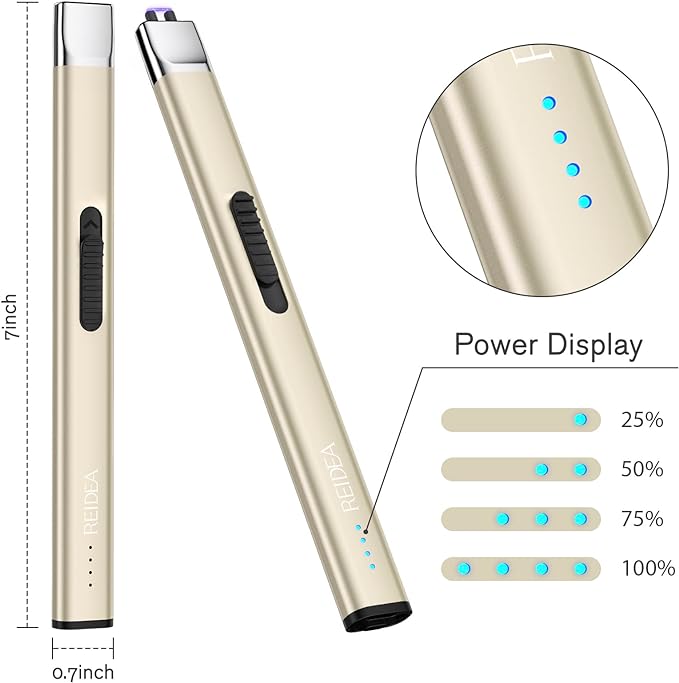 REIDEA Electric Lighter Candle Lighter, Retractable Top Windproof Flameless USB Rechargeable Arc Lighter with Safe Button and Power Indicator for Candle, BBQ and Fireworks, R1 Flat, Champagne Gold