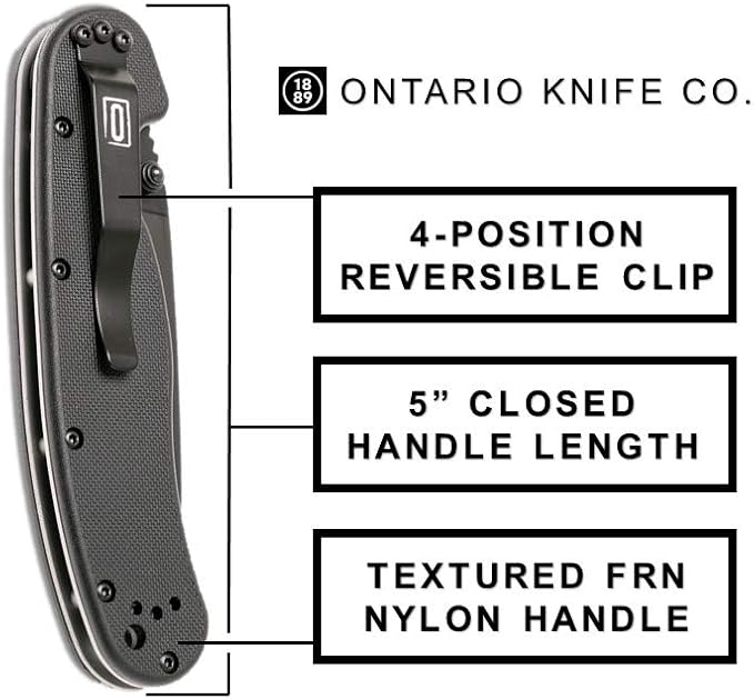 Ontario Knife Co. 8847 Rat-1 Black Coated AUS-8 Stainless Steel 3.6 in Serrated Edge Blade Nylon Handle 4-Position Reversible Clip Folding Knife for Outdoor, Tactical, Survival & EDC (Black)