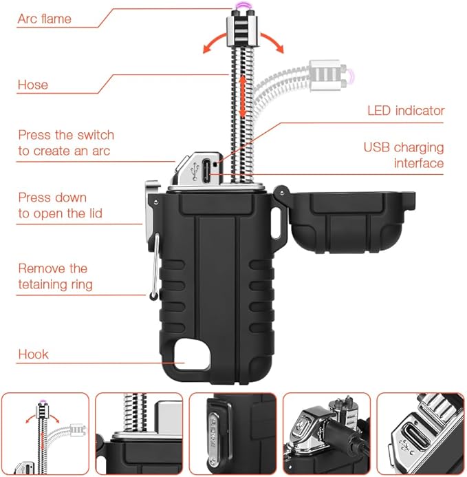 Windproof Electric Lighter - Plasma Lighters with Long Flexible Neck, Rechargeable Electric Candle Lighters, Waterproof Torch Lighter, Camping Accessories Survival Hiking Gear (Orange)