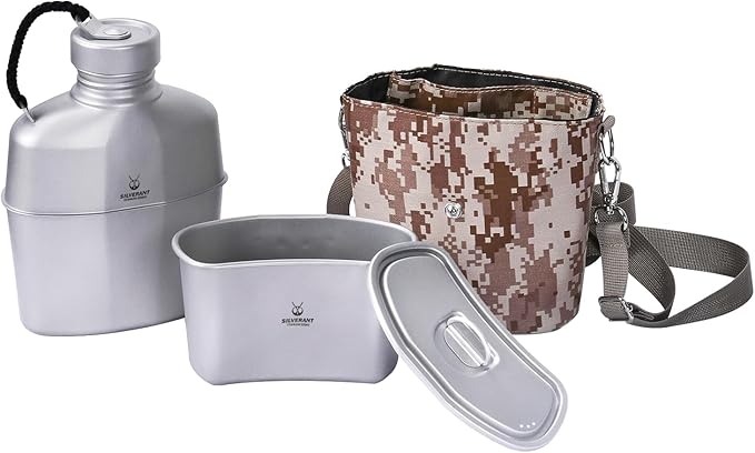 Camping Canteen Titanium Military Canteen Mess Kit Ultralight Camping Mug with Carry Pouch & Cup Foldable Handle -Bottle 1000ml, Cup 600ml