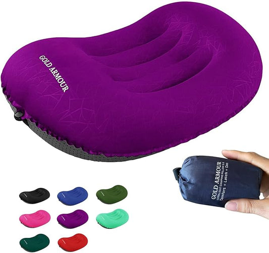 Gold Armour Inflatable Camping Pillow Backpacking Pillow Lightweight Travel Air Pillow Ultralight Ergonomic Pillow Portable for Airplanes with Neck & Lumbar Support (Purple)