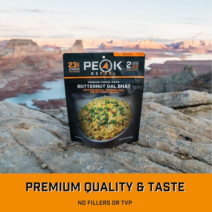 Peak Refuel Butternut Dal Bhat | Freeze Dried Backpacking and Camping Food | Amazing Taste & Quality | High Protein | Real Meat | Quick Prep (6-Pack)