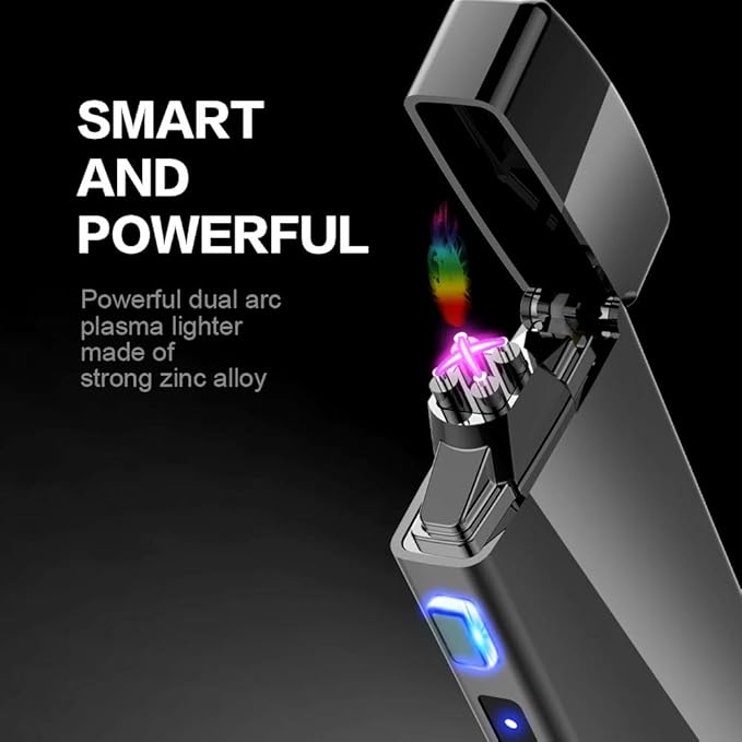Dual Arc Plasma Lighter with LED Battery Indicator and Box, Rechargeable Windproof Flameless Electric Lighters for Fire Outdoors Camping Hiking Friends